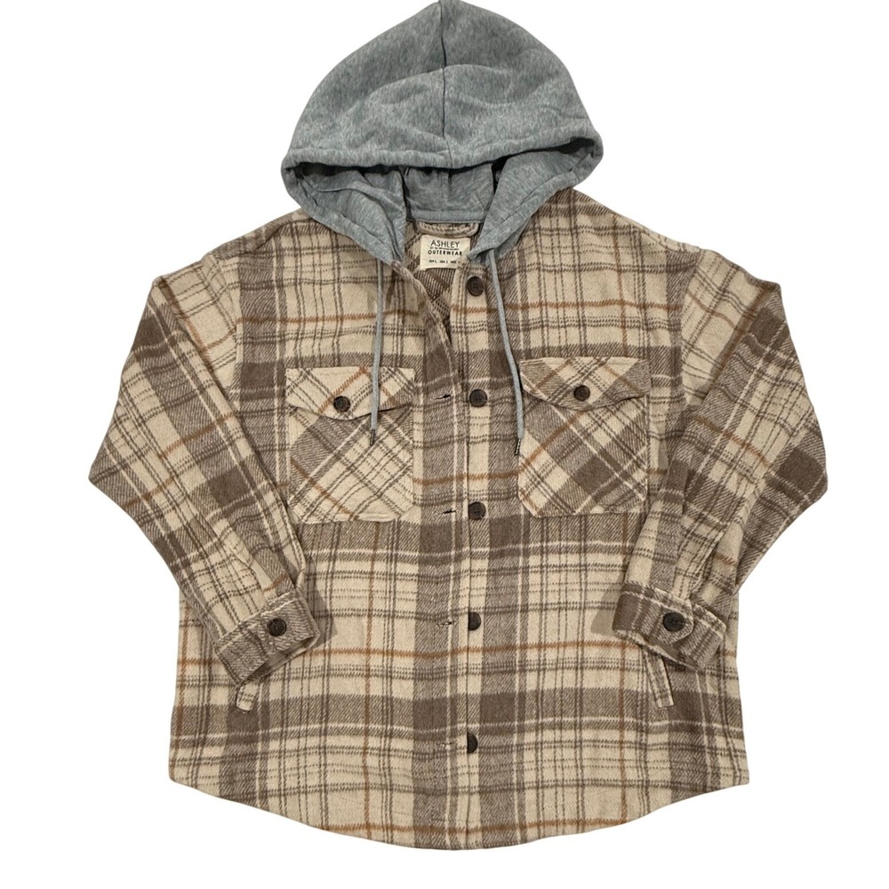 Ashley Outerwear Plaid Hooded Jacket Women L Brown  JKJR2346 Wool Blend W507